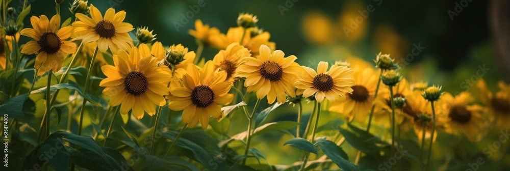 Yellow sunflower like heliopsis flowers on dark green background