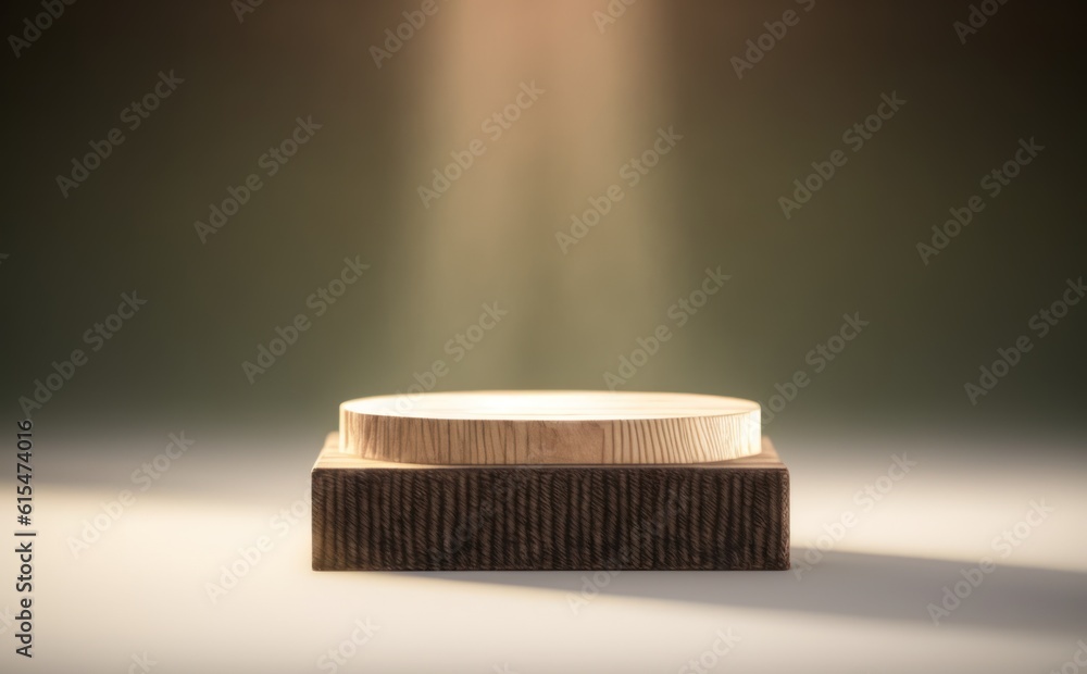 Wooden tray podium. Front view. Front view. Soft focus