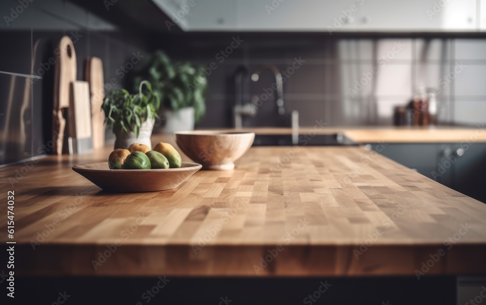 Wooden table top on blur kitchen room background