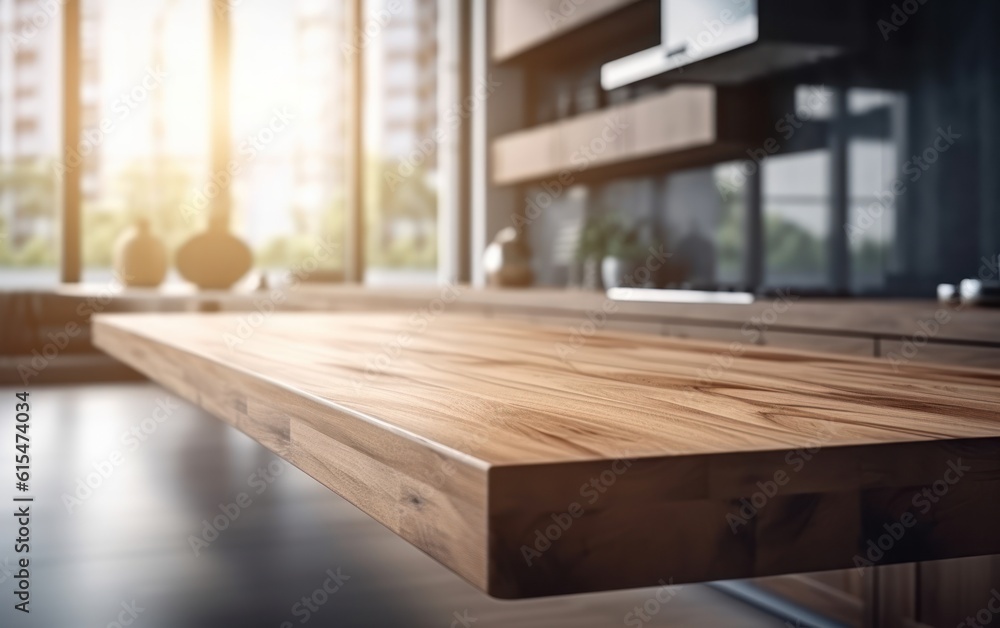 Wooden table top on blur kitchen room background