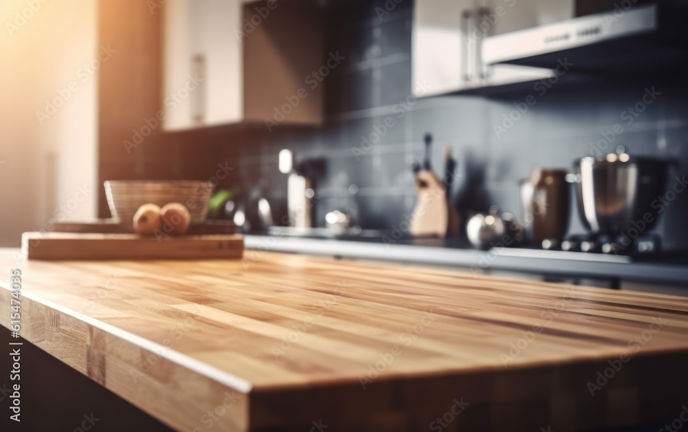 Wooden table top on blur kitchen room background