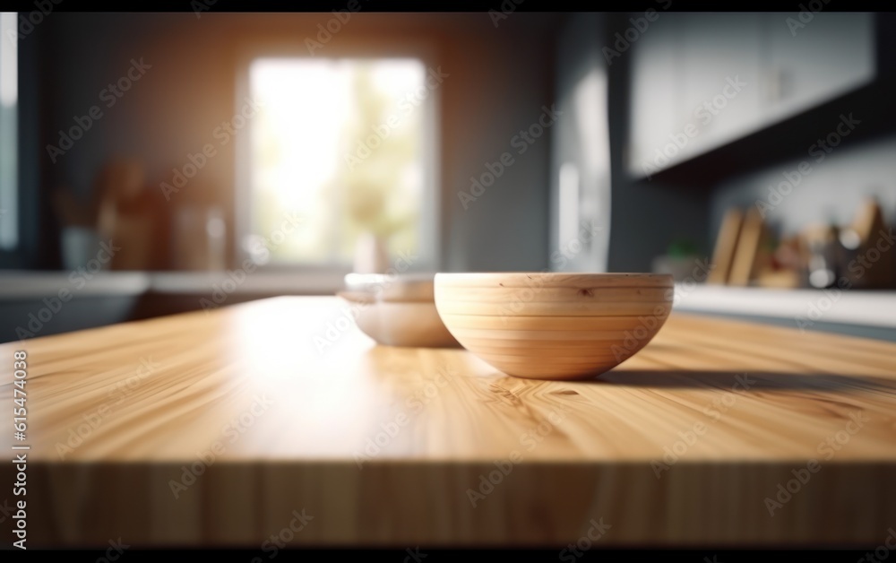 Wooden table top on blur kitchen room background