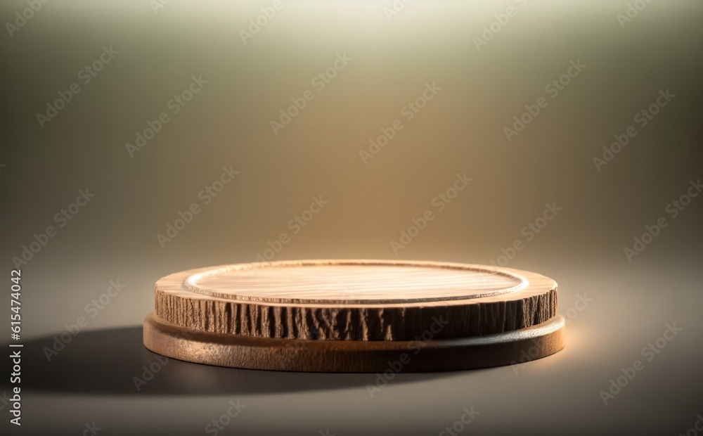 Wooden tray podium. Front view. Front view. Soft focus