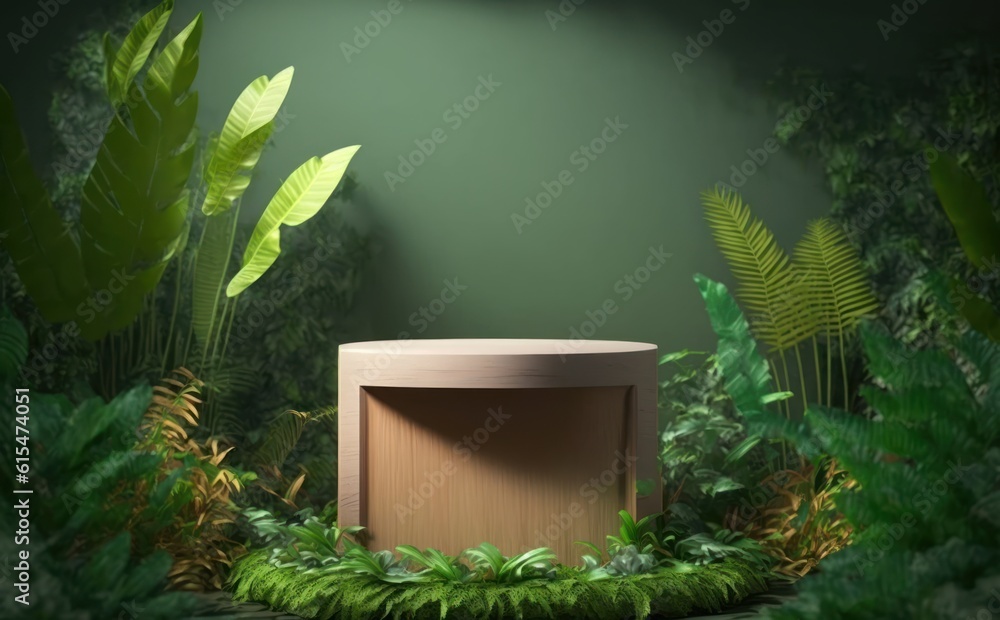 Wooden podium in tropical forest for product presentation and green background