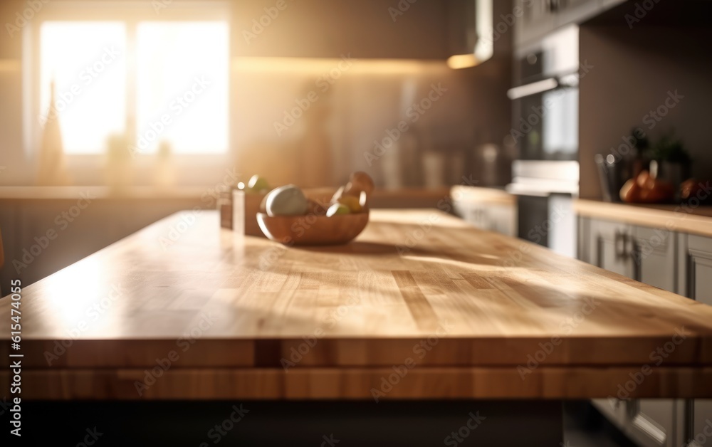 Wooden table top on blur kitchen room background