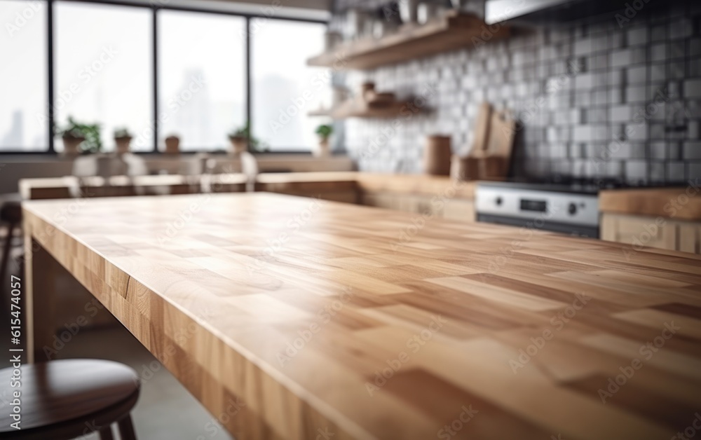 Wooden table top on blur kitchen room background