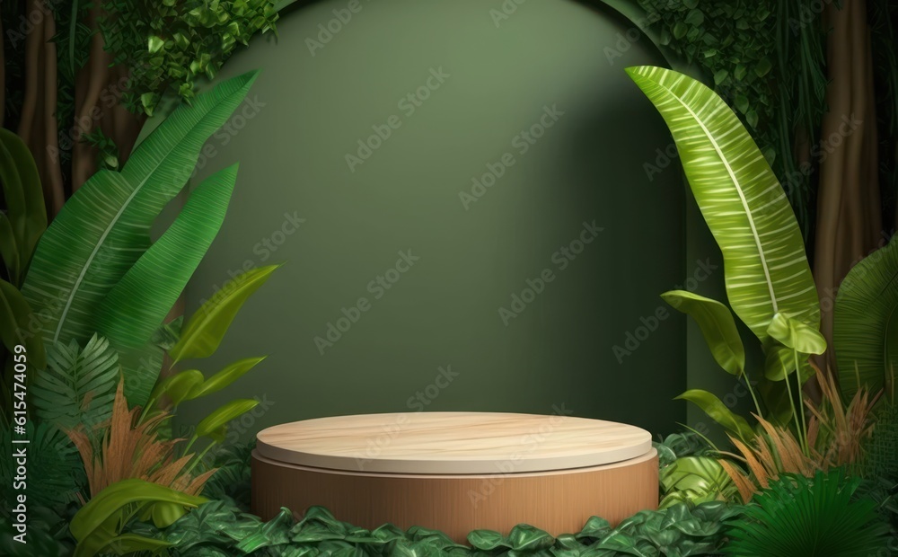 Wooden podium in tropical forest for product presentation and green background