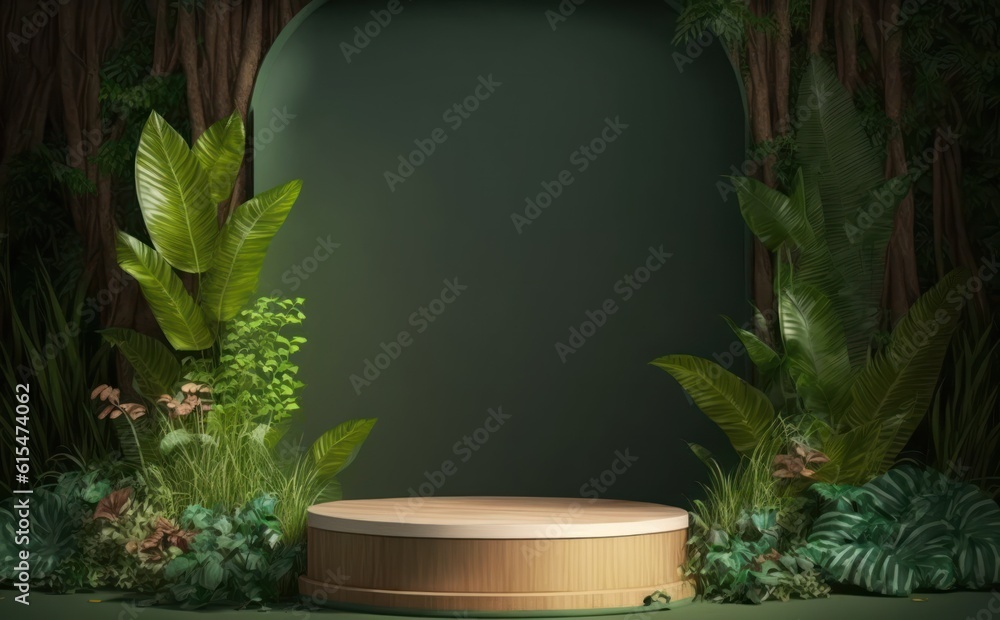 Wooden podium in tropical forest for product presentation and green background