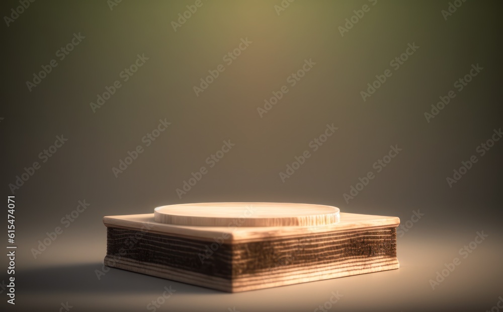 Wooden tray podium. Front view. Front view. Soft focus