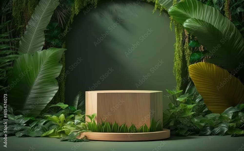 Wooden podium in tropical forest for product presentation and green background