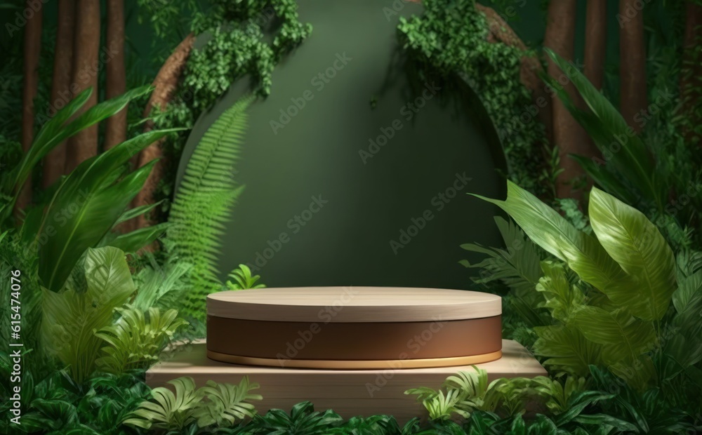 Wooden podium in tropical forest for product presentation and green background