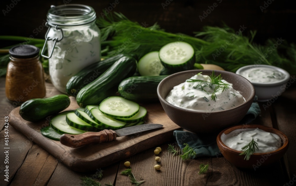 Tzatziki sauce ingredients cucumber garlic Healthy food backgrou