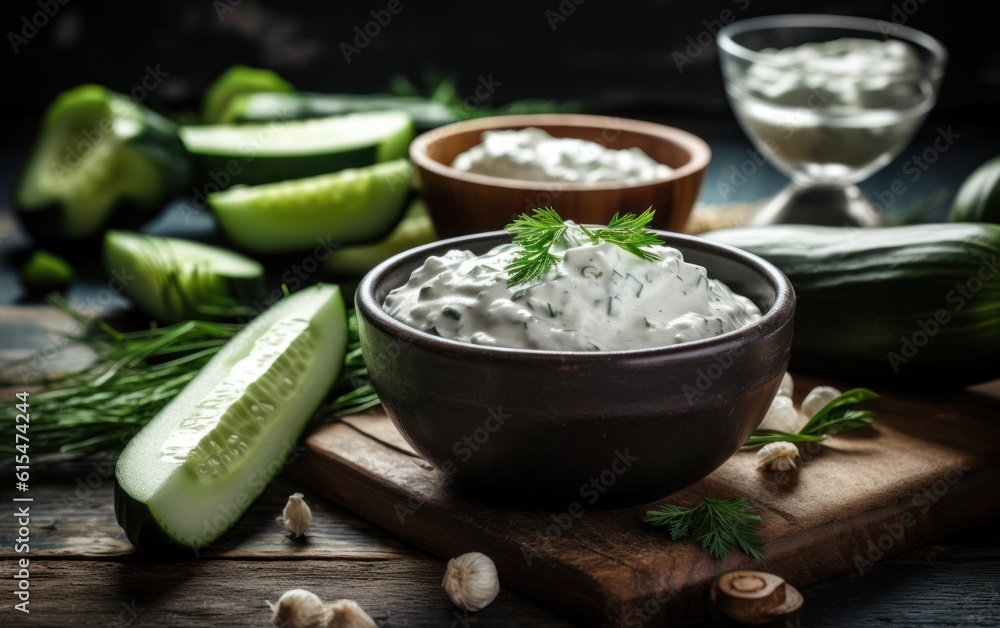 Tzatziki sauce ingredients cucumber garlic Healthy food backgrou