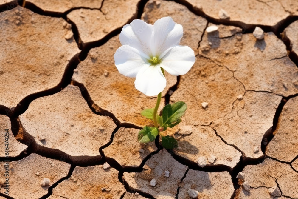 tiny white flower broke through dry cracked earth