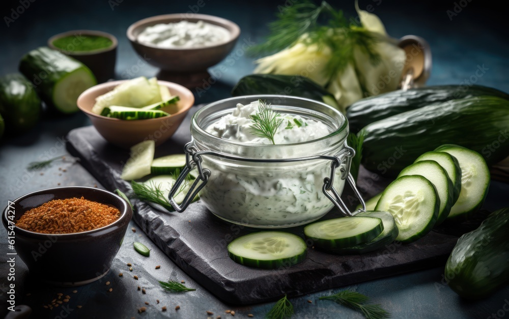 Tzatziki sauce ingredients cucumber garlic Healthy food backgrou