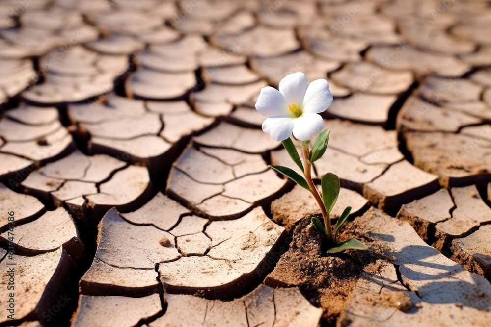 tiny white flower broke through dry cracked earth