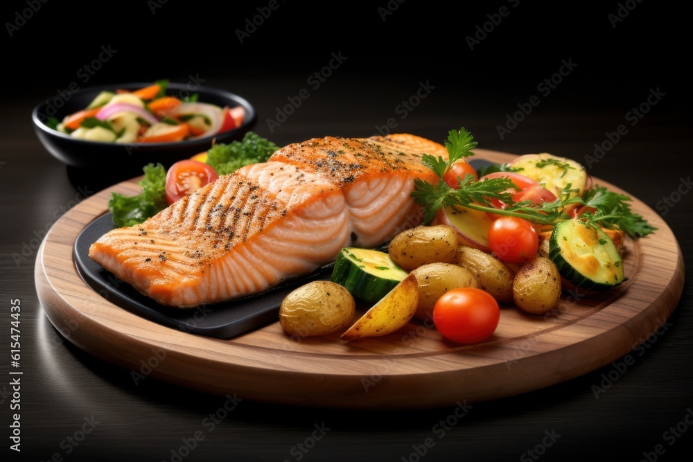 Seared salmon steak with fried potatoes and fresh vegetable salad served on wooden table