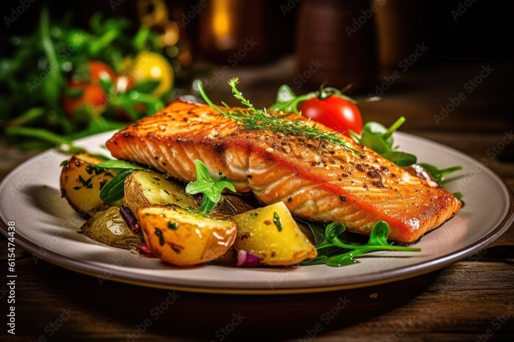 Seared salmon steak with fried potatoes and fresh vegetable salad served on wooden table