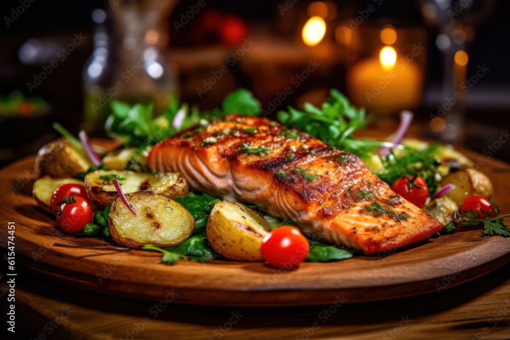 Seared salmon steak with fried potatoes and fresh vegetable salad served on wooden table