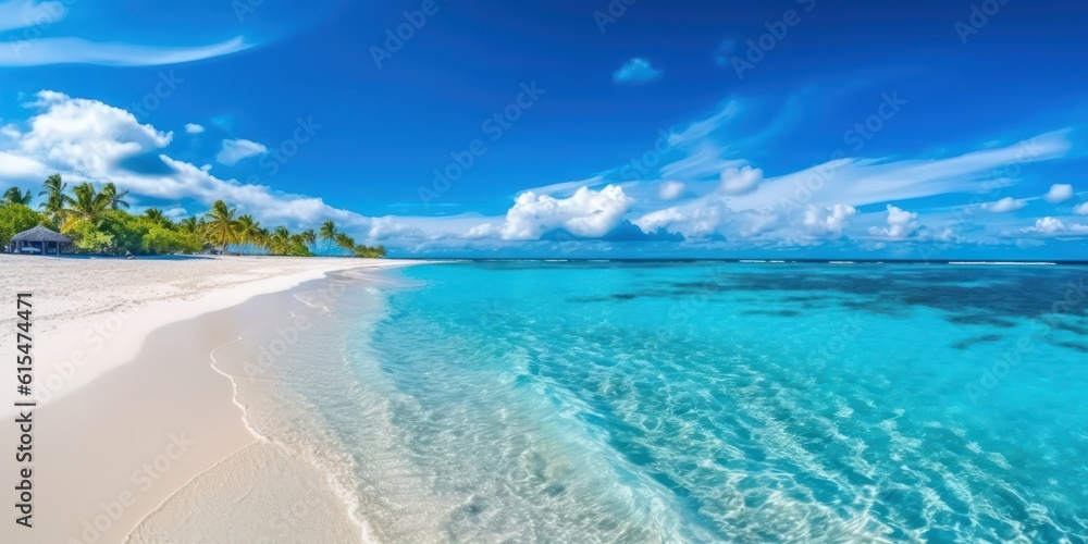 sandy beach with white sand and rolling calm wave of turquoise ocean on Sunny day on background