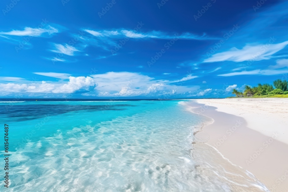 sandy beach with white sand and rolling calm wave of turquoise ocean on Sunny day on background