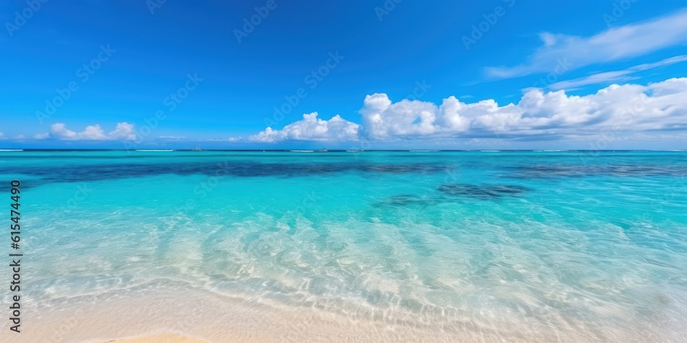 sandy beach with white sand and rolling calm wave of turquoise ocean on Sunny day on background