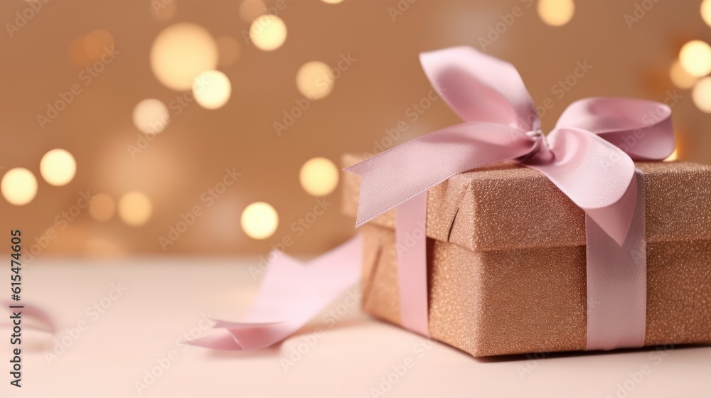 present in kraft paper with pink ribbon on soft beige background with glitter and bokeh, top