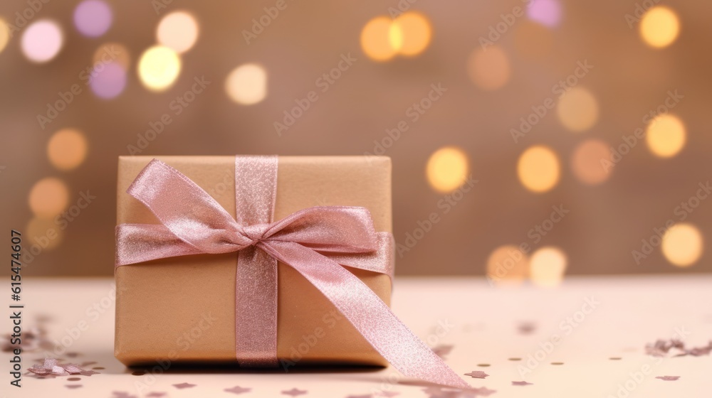 present in kraft paper with pink ribbon on soft beige background with glitter and bokeh, top