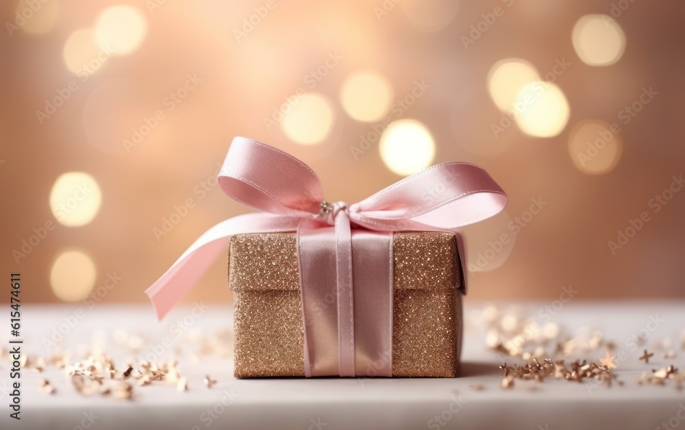 present in kraft paper with pink ribbon on soft beige background with glitter and bokeh, top