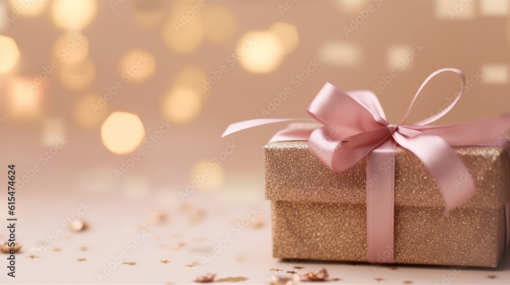 present in kraft paper with pink ribbon on soft beige background with glitter and bokeh, top