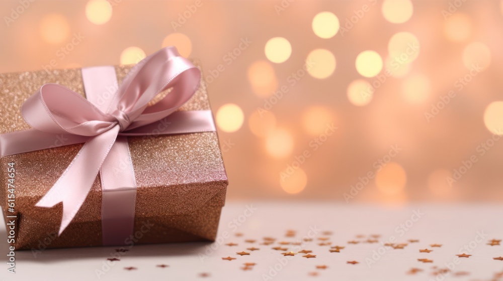 present in kraft paper with pink ribbon on soft beige background with glitter and bokeh, top