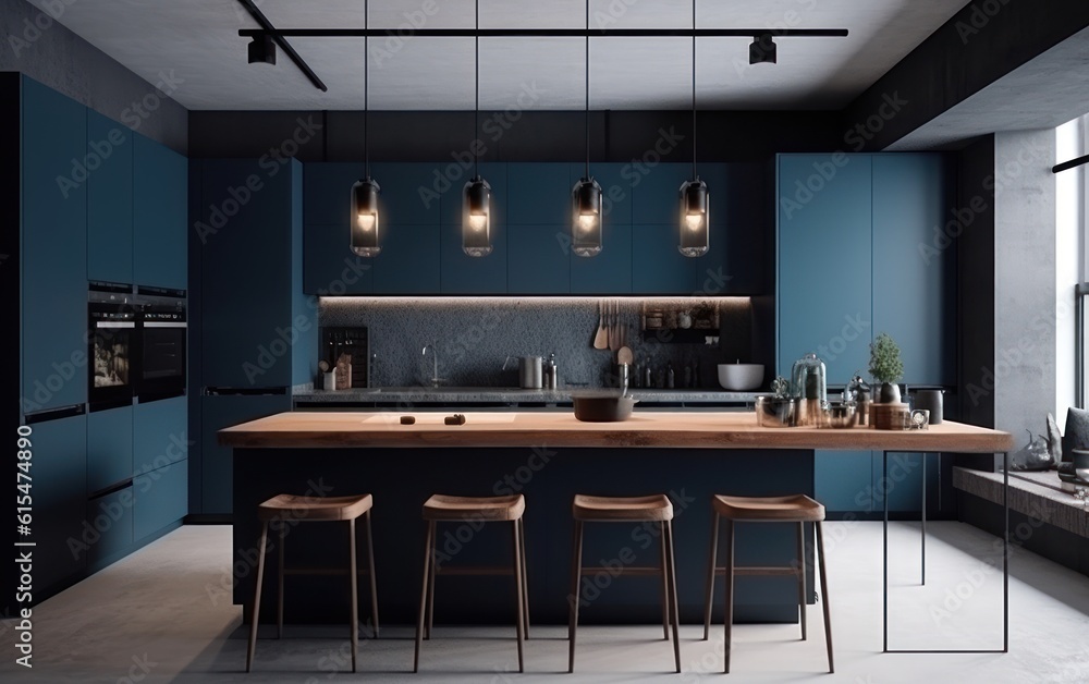 Modern dark blue kitchen and minimalist interior design.