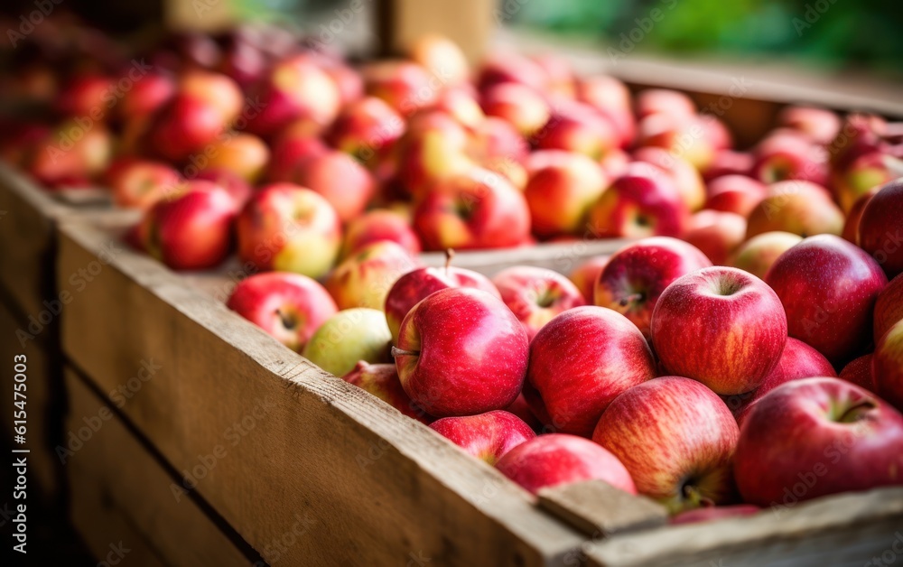 Many fresh apple in wooden boxes. Farmers market