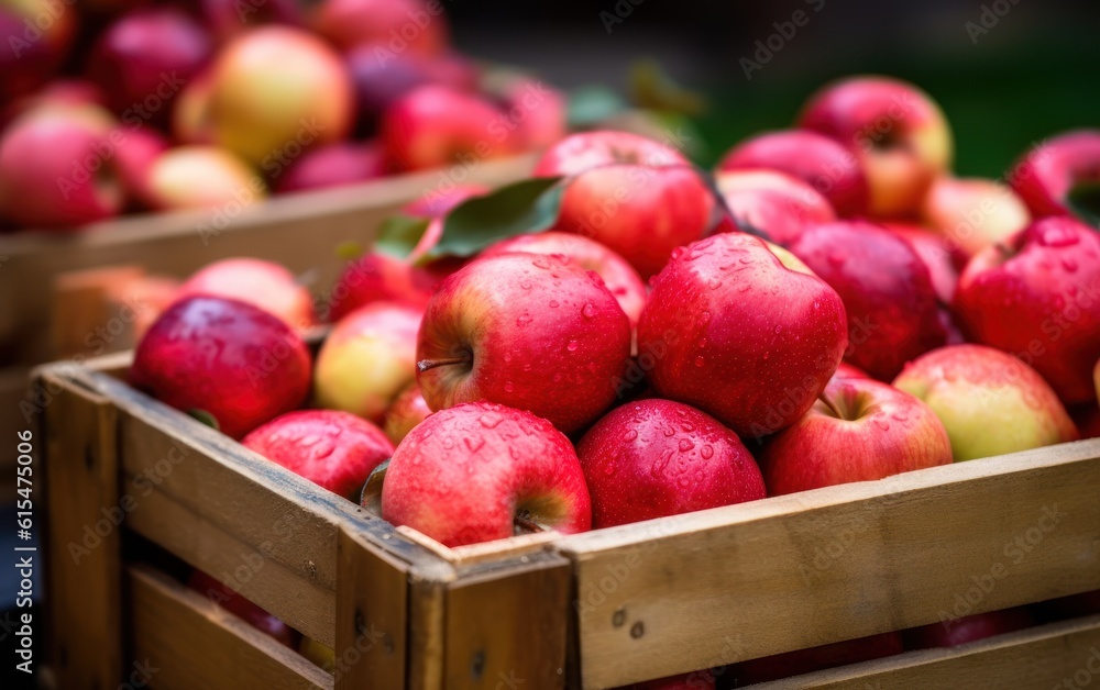 Many fresh apple in wooden boxes. Farmers market