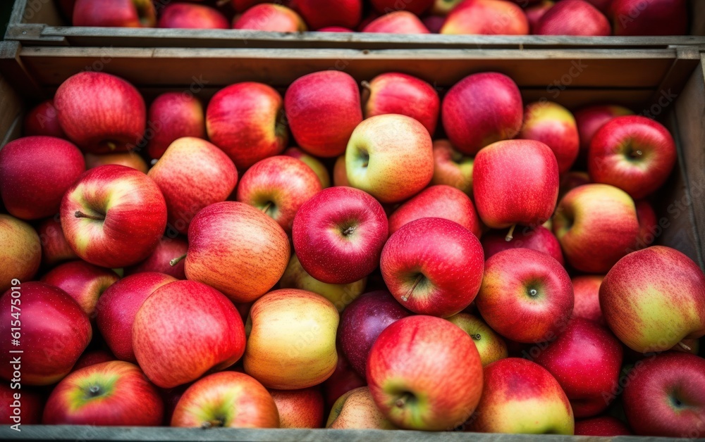 Many fresh apple in wooden boxes. Farmers market