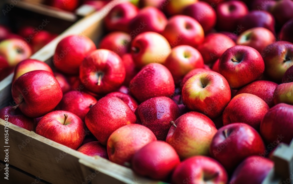 Many fresh apple in wooden boxes. Farmers market