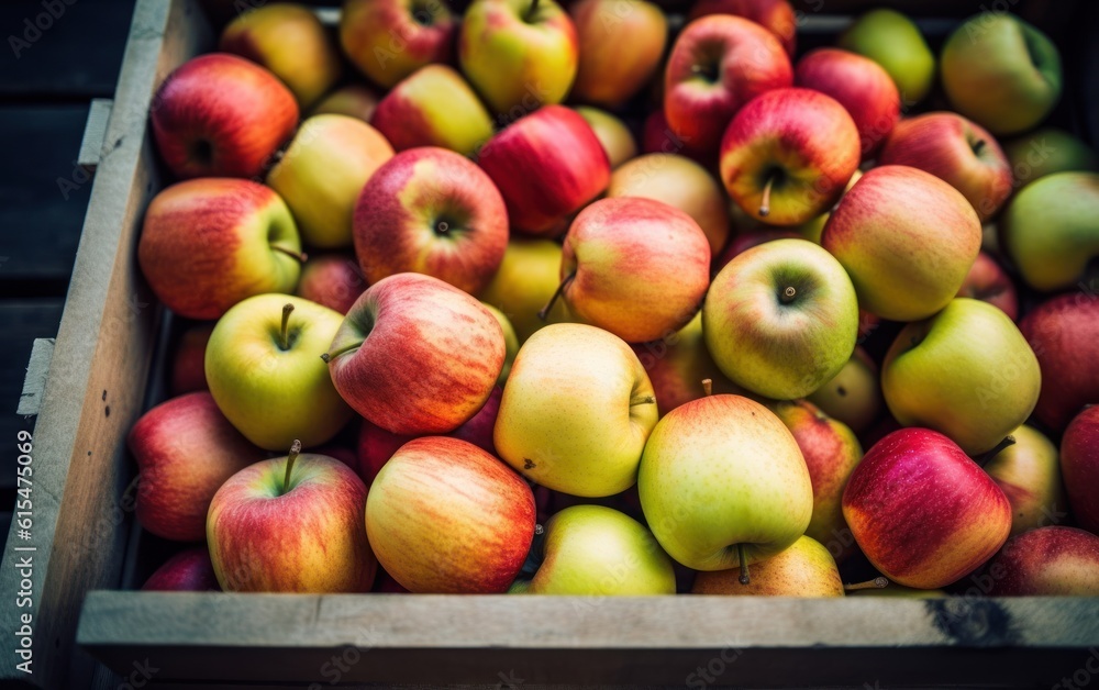 Many fresh apple in wooden boxes. Farmers market