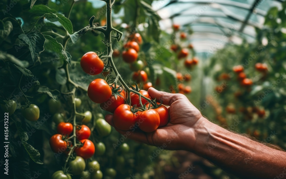 Hands holding red ripe tomatoes, picking tomato from vine in greenhouse