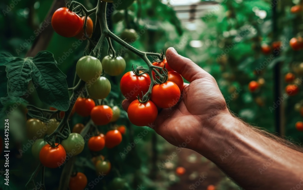 Hands holding red ripe tomatoes, picking tomato from vine in greenhouse