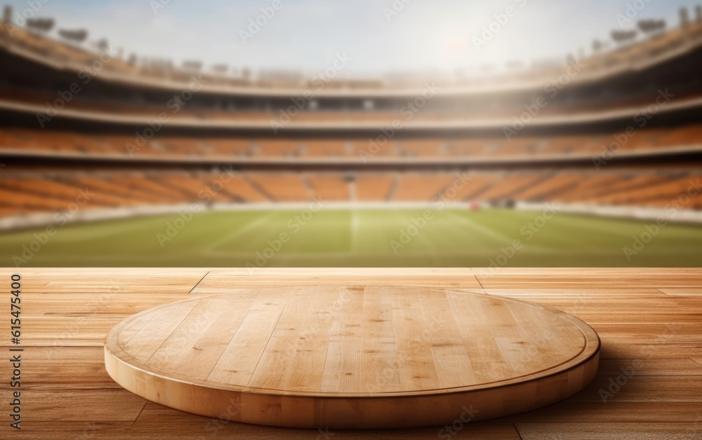 Empty wooden table top product display showcase stage with large sports stadium background