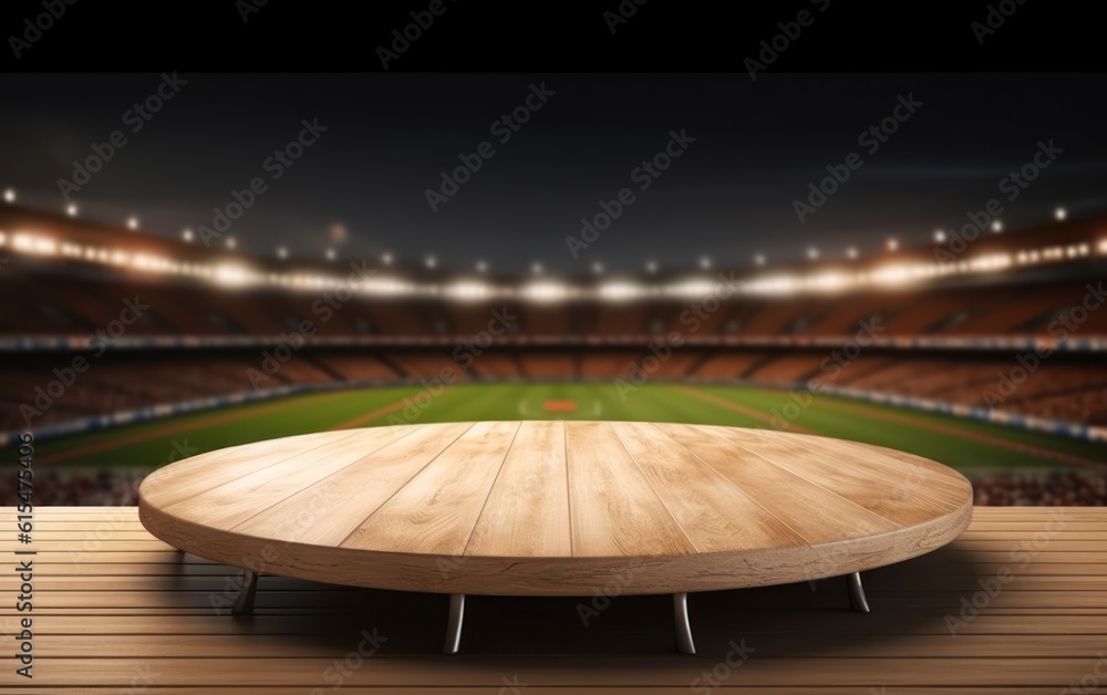 Empty wooden table top product display showcase stage with large sports stadium background