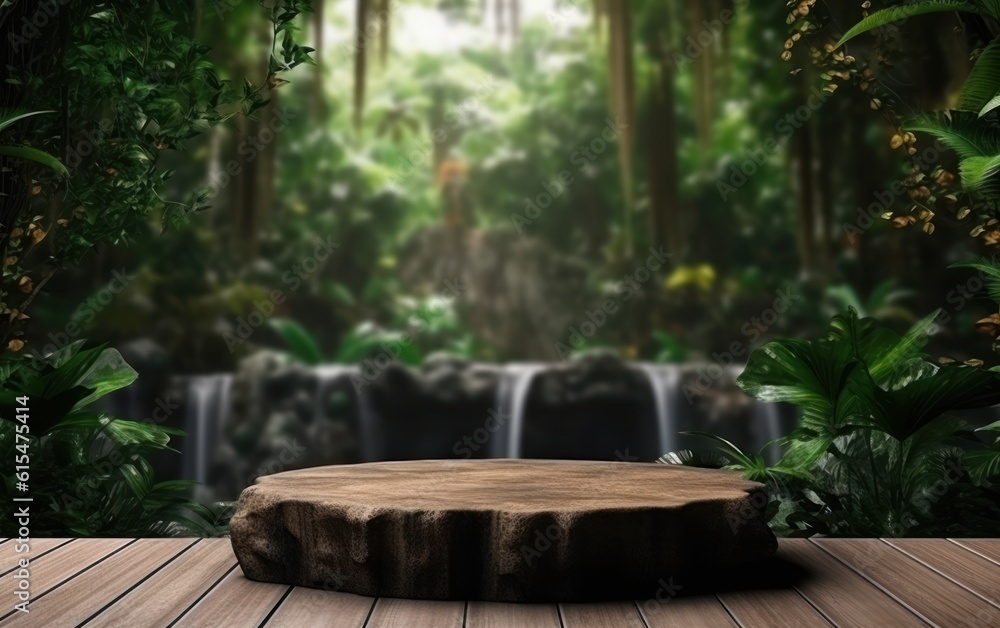 Empty wooden table top product display showcase stage. Tropical jungle and waterfall background