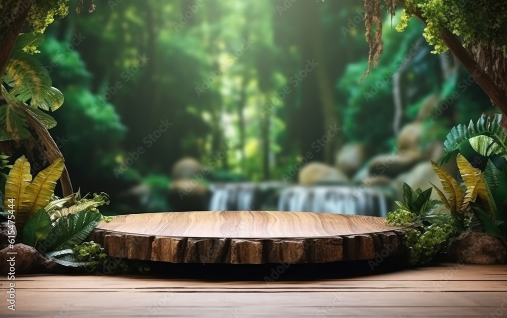 Empty wooden table top product display showcase stage. Tropical jungle and waterfall background