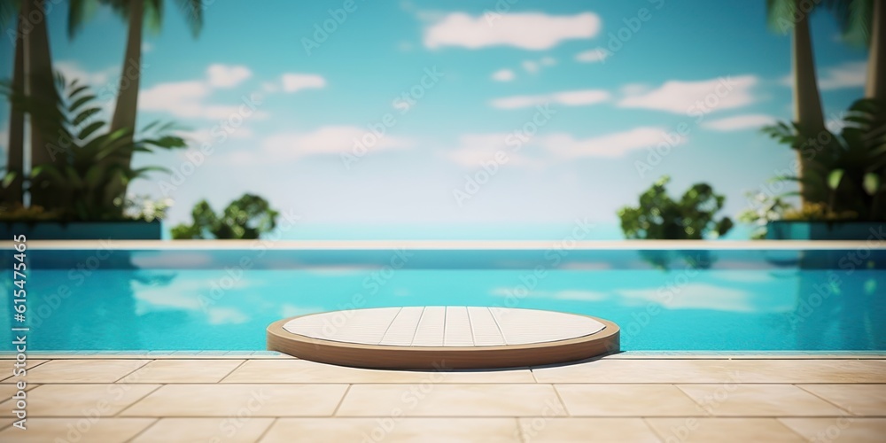 Empty poolside surface with summer travel hotel swimming pool background