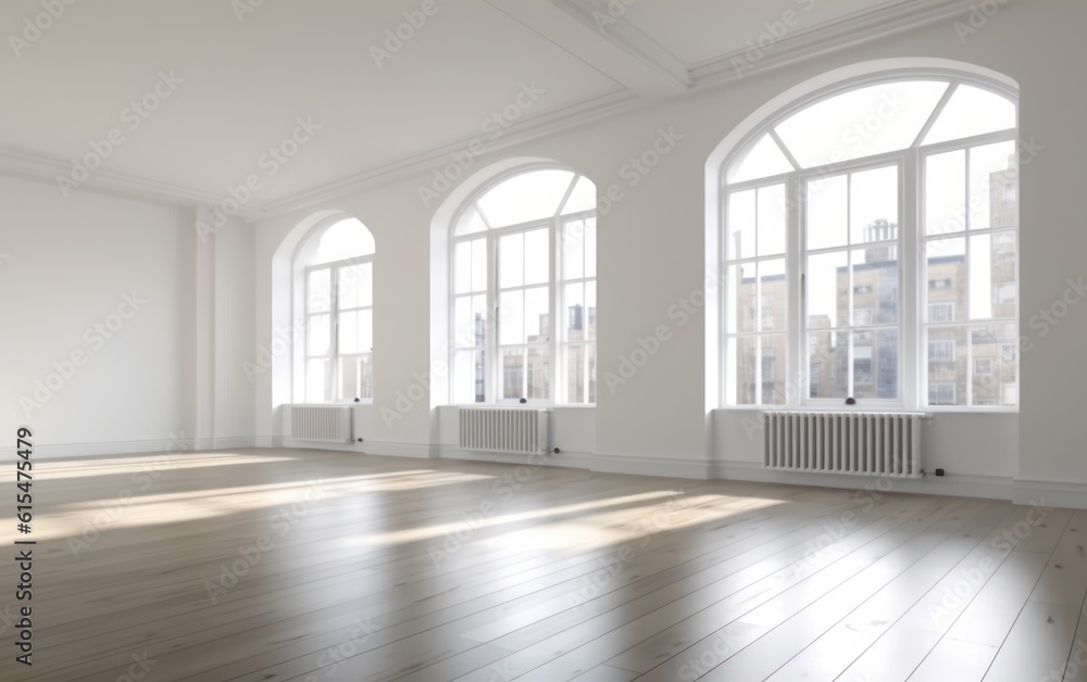 empty white modern light apartment with big windows