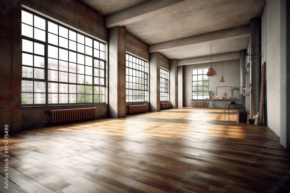 Empty loft apartment, industrial style