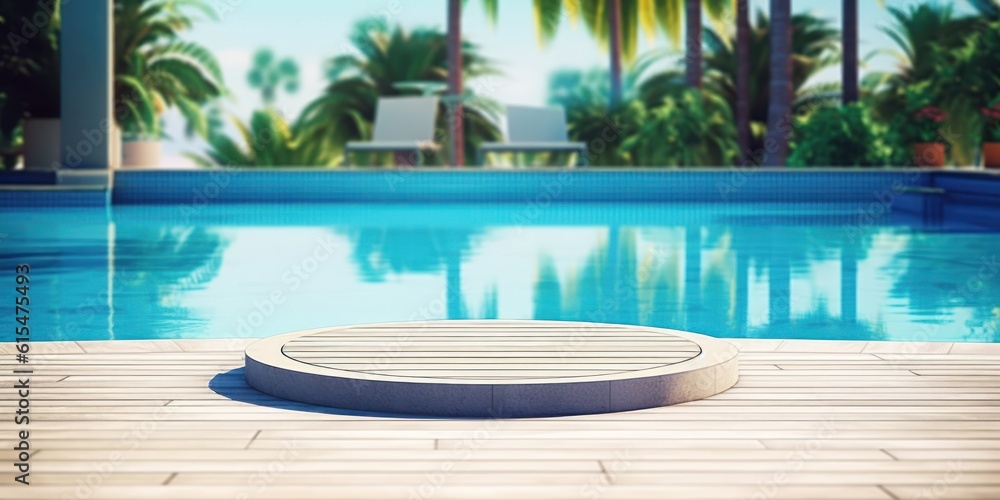 Empty poolside surface with summer travel hotel swimming pool background