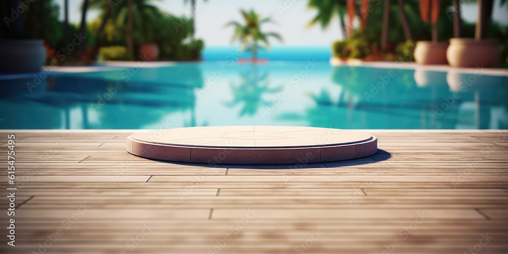 Empty poolside surface with summer travel hotel swimming pool background