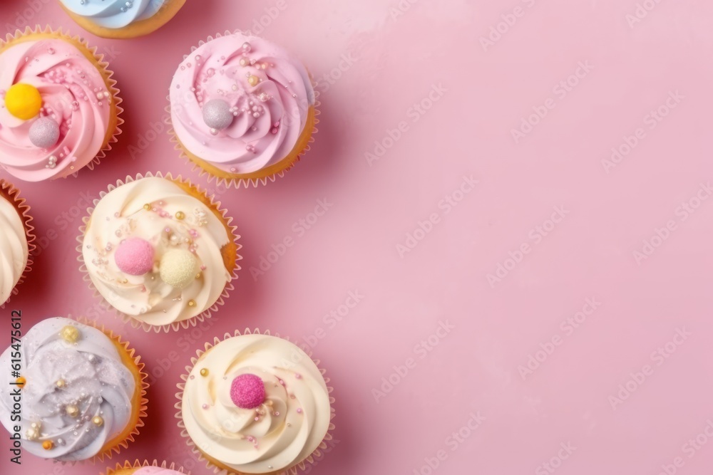 Different cupcakes on pastel colors background. top view. decoration