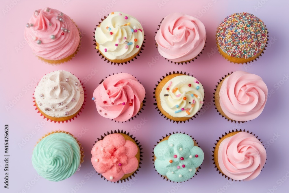 Different cupcakes on pastel colors background. top view. decoration